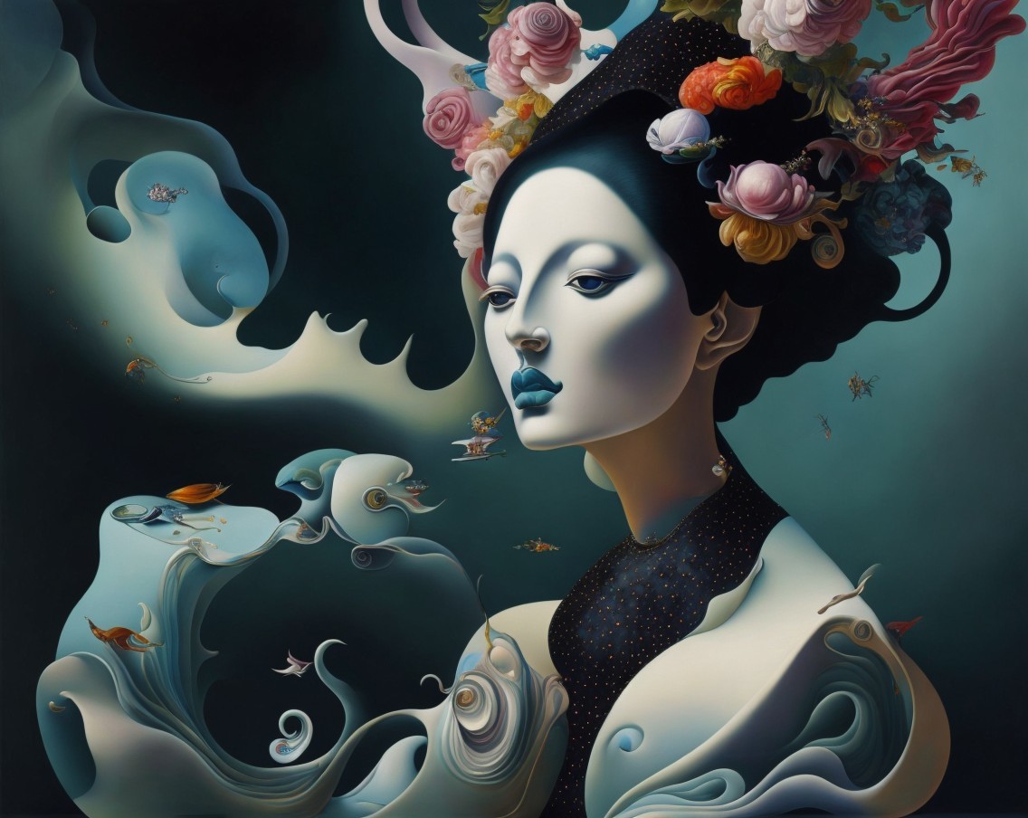 Surreal Portrait of Woman with Flowers and Aquatic Elements