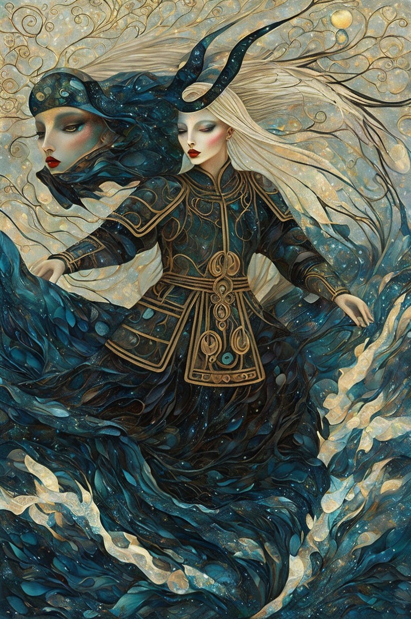 Mystical Figure in Blue and Gold with Celestial Elements