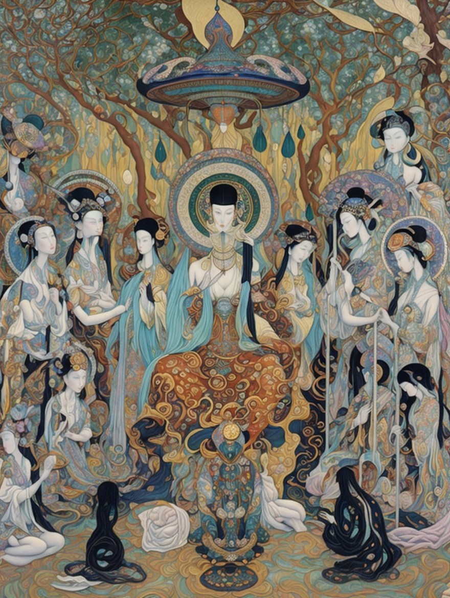 Ornate scene of a deity on a throne with attendants