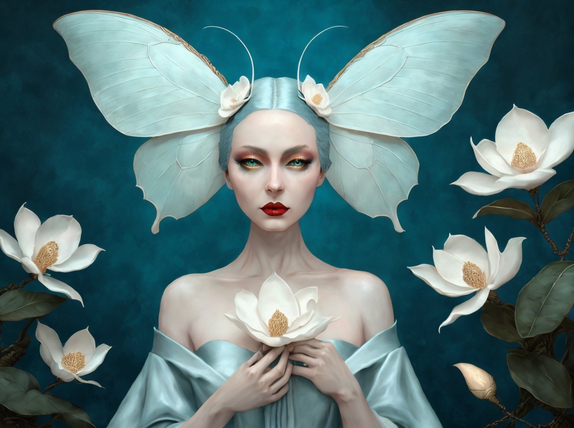Ethereal Woman with Butterfly Wings and Lotus Flower