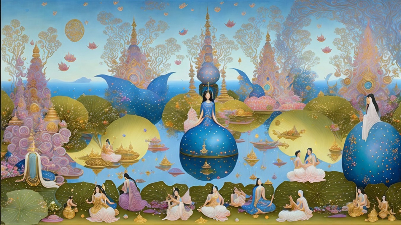 Mystical Landscape with Ethereal Beings and Flora