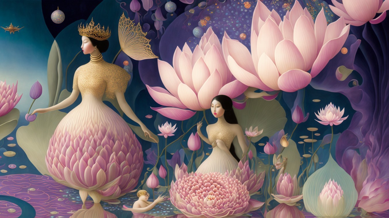 Ethereal Figures in Floral Garments Amid Lotus Flowers
