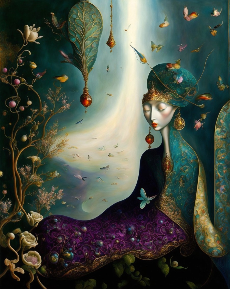 Serene Figure Surrounded by Butterflies and Blossoms