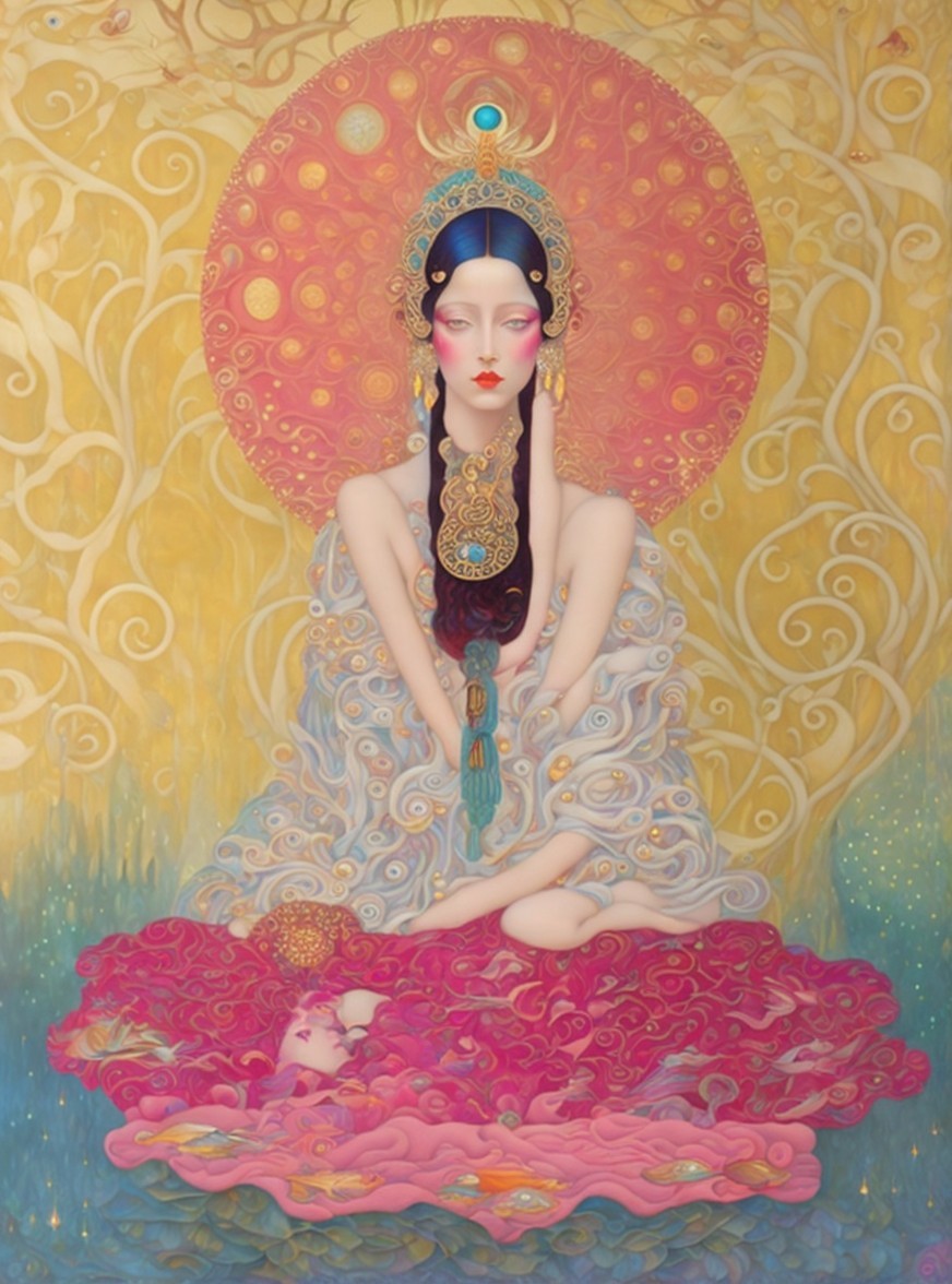 Vibrant Illustration of a Serene Figure in Gown
