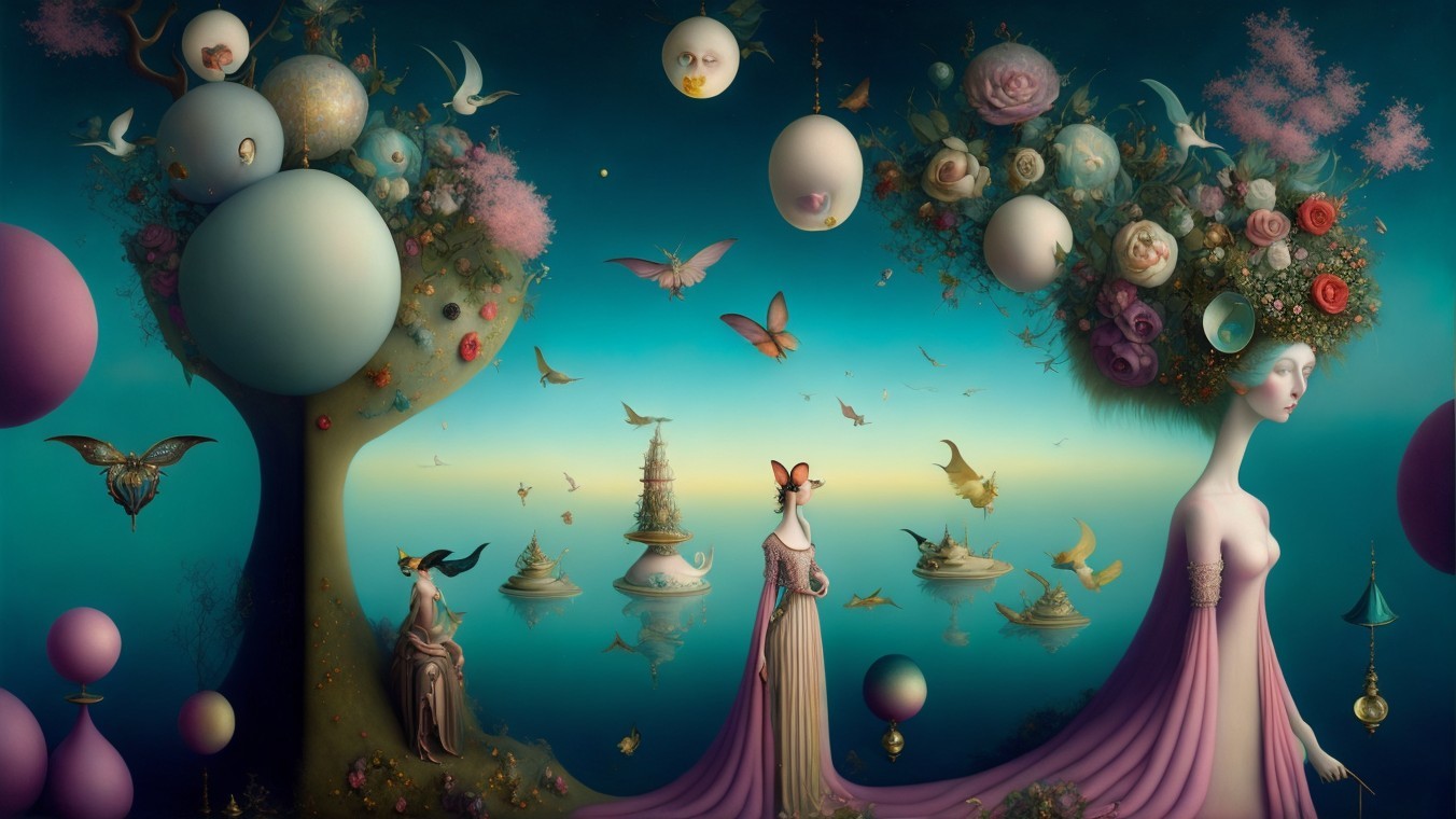 Surreal Landscapes with Whimsical Trees and Figures