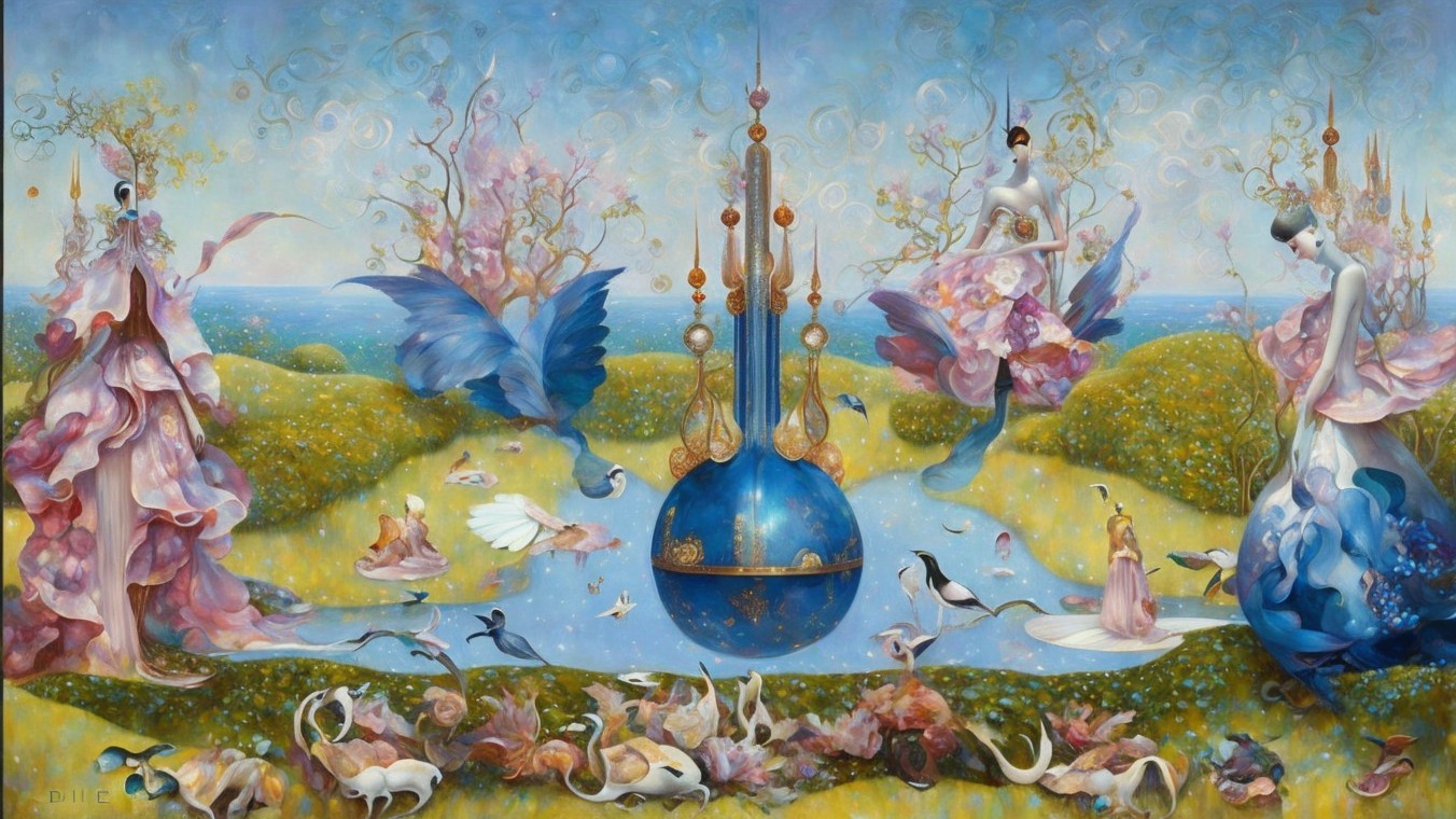 Surreal Vibrant Landscape with Ethereal Figures and Creatures