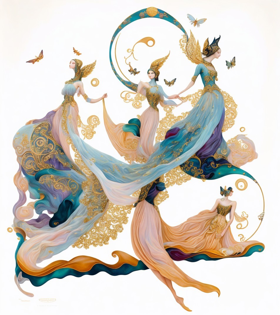 Ethereal Figures in Flowing Dresses with Butterflies
