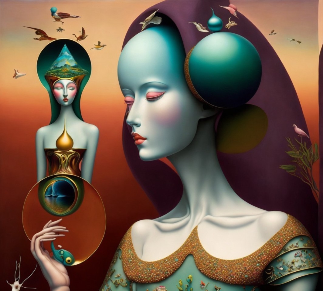 Surreal Artwork with Ethereal Figures and Symbolism
