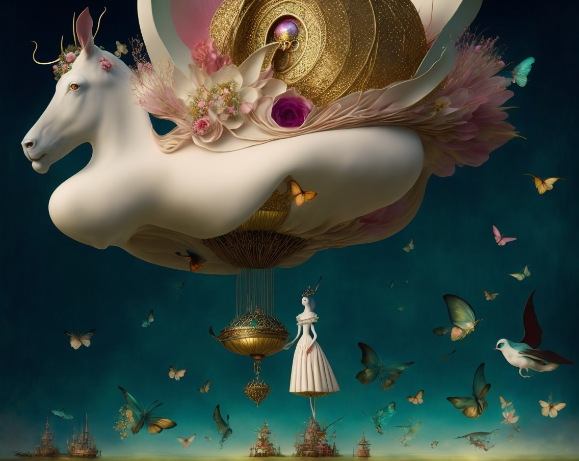 Majestic Unicorn and Ethereal Scene with Butterflies