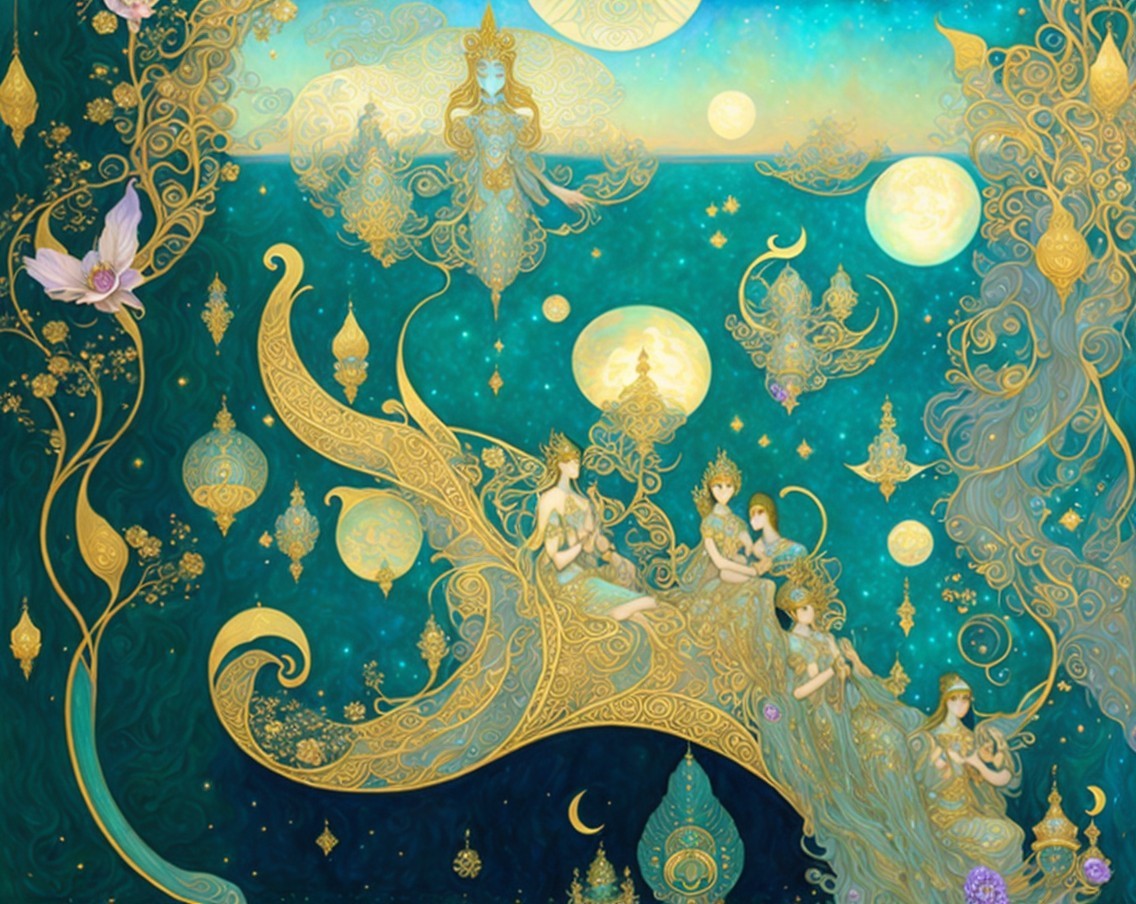 Celestial Scene with Ethereal Figures and Gold Accents