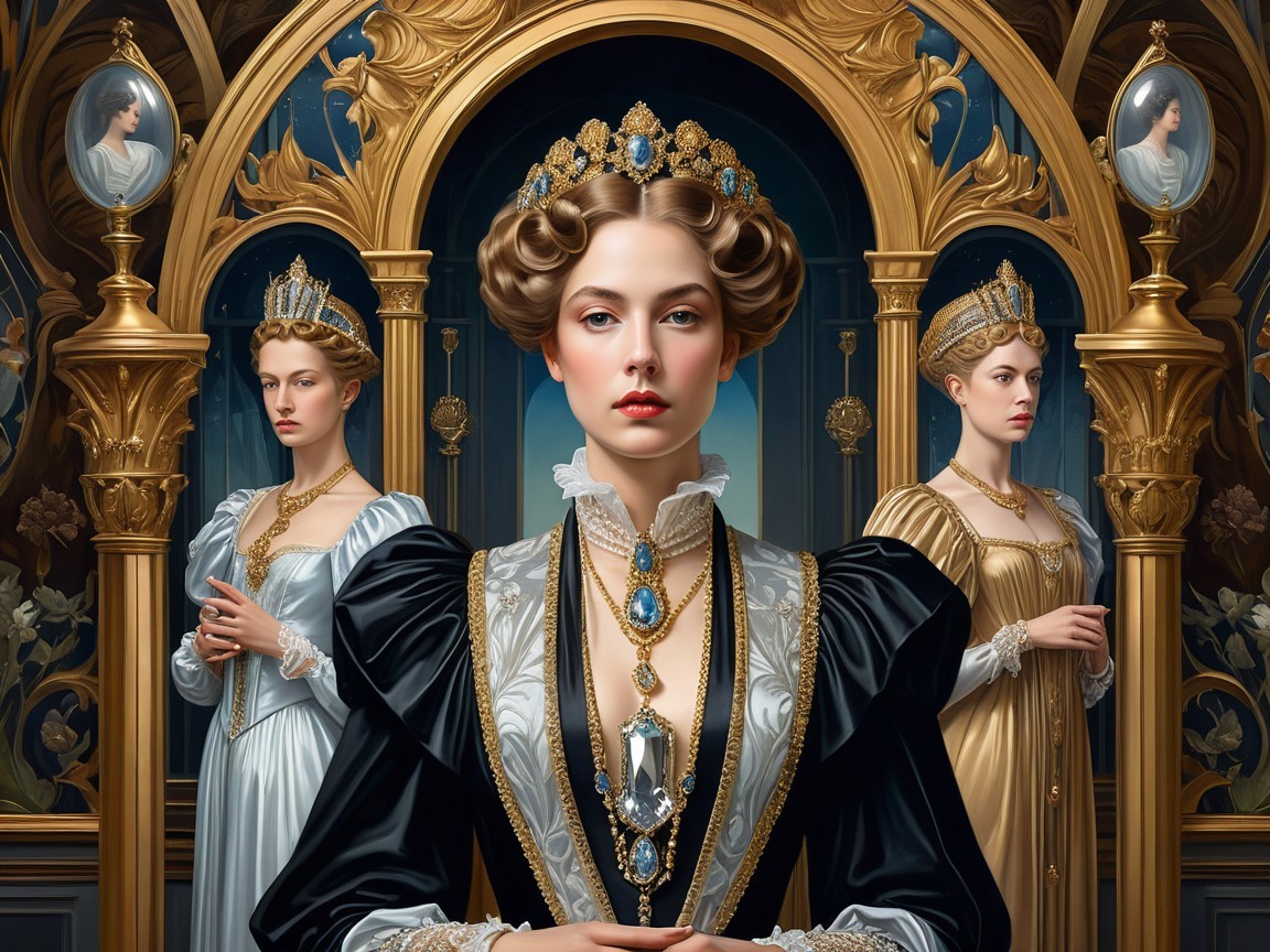 Elegant Women in Regal Attire with Intricate Crowns