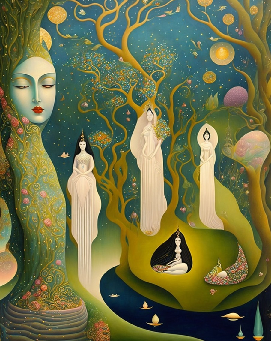 Surreal Landscape with Green Hills and Mystical Beings