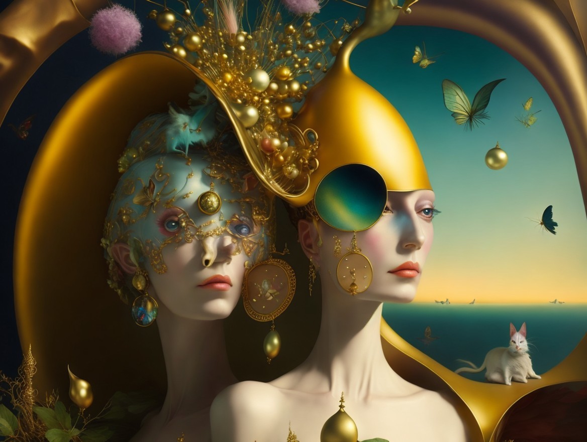 Surreal Figures with Golden Headpieces in Dreamy Landscape