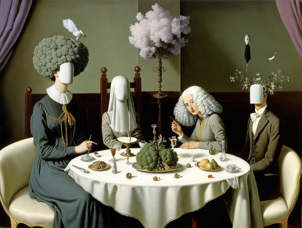 Surreal Dining Scene with Distinctive Figures and Elements