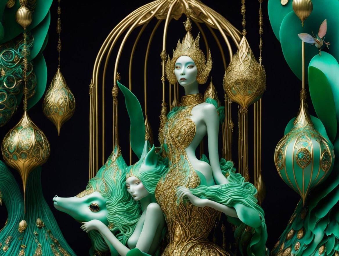 Surreal Sculptures in Emerald Green and Gold