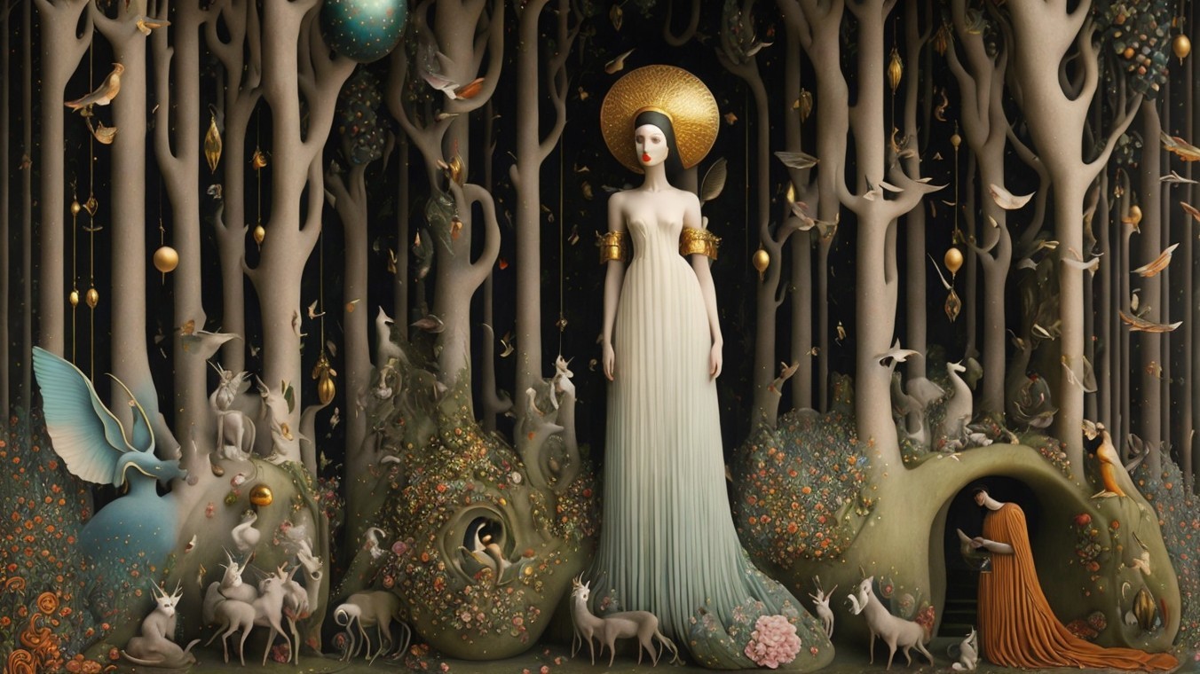 Mystical forest scene with ethereal figure and animals