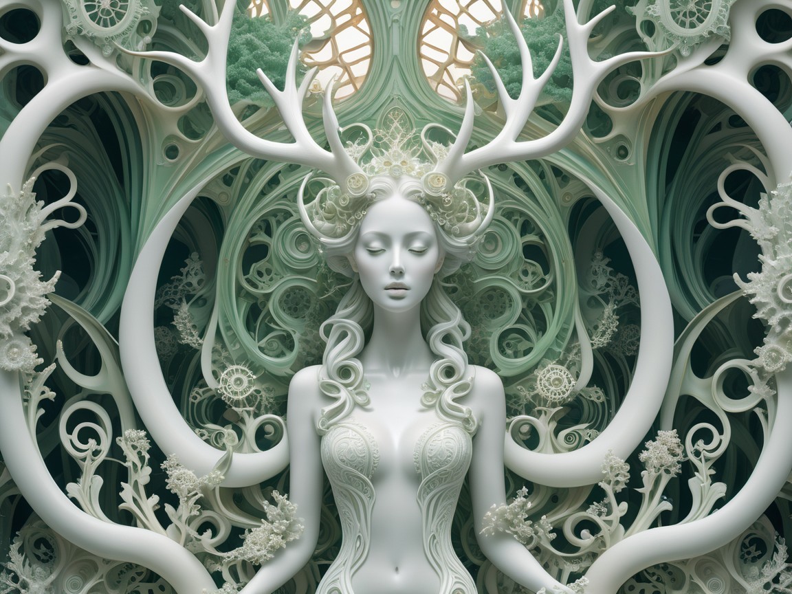 Ethereal figure with natural elements and serene expression