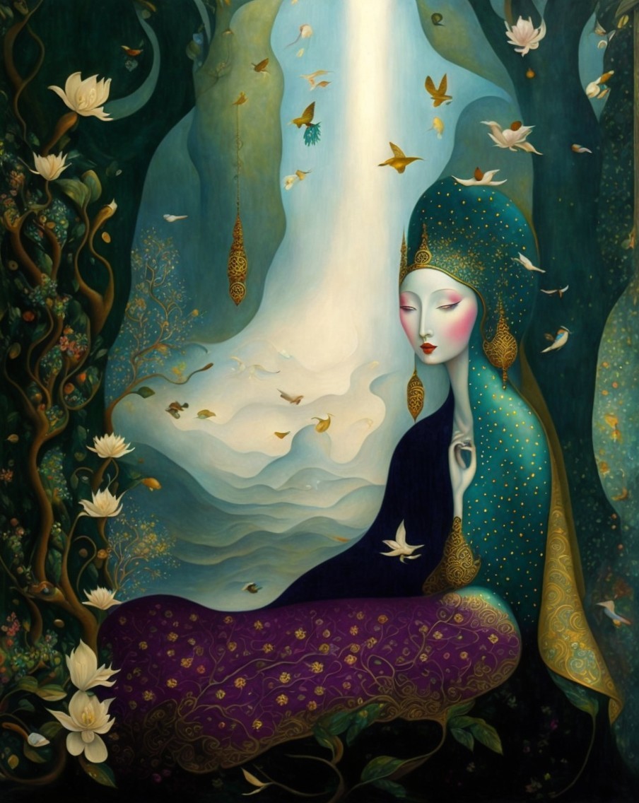 Serene Figure in Purple Robe Surrounded by Nature