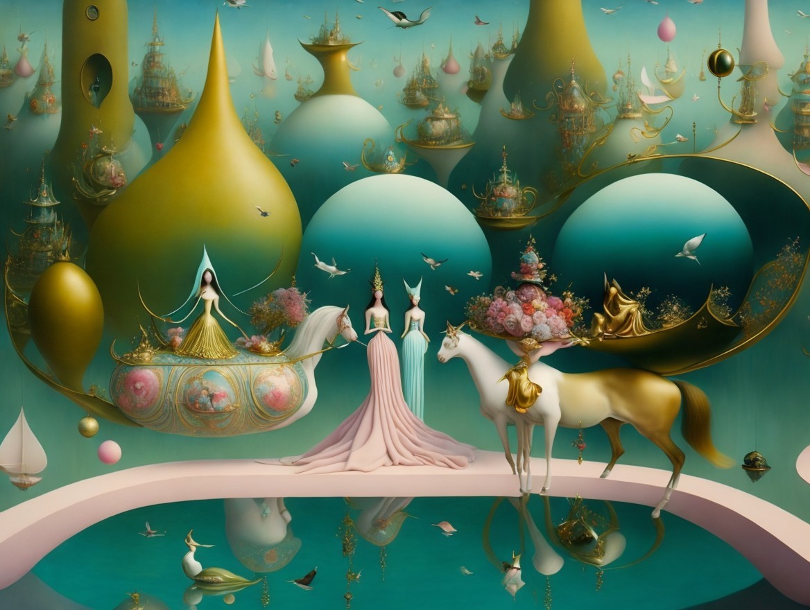 Surreal Landscape with Elegant Figures and Horses