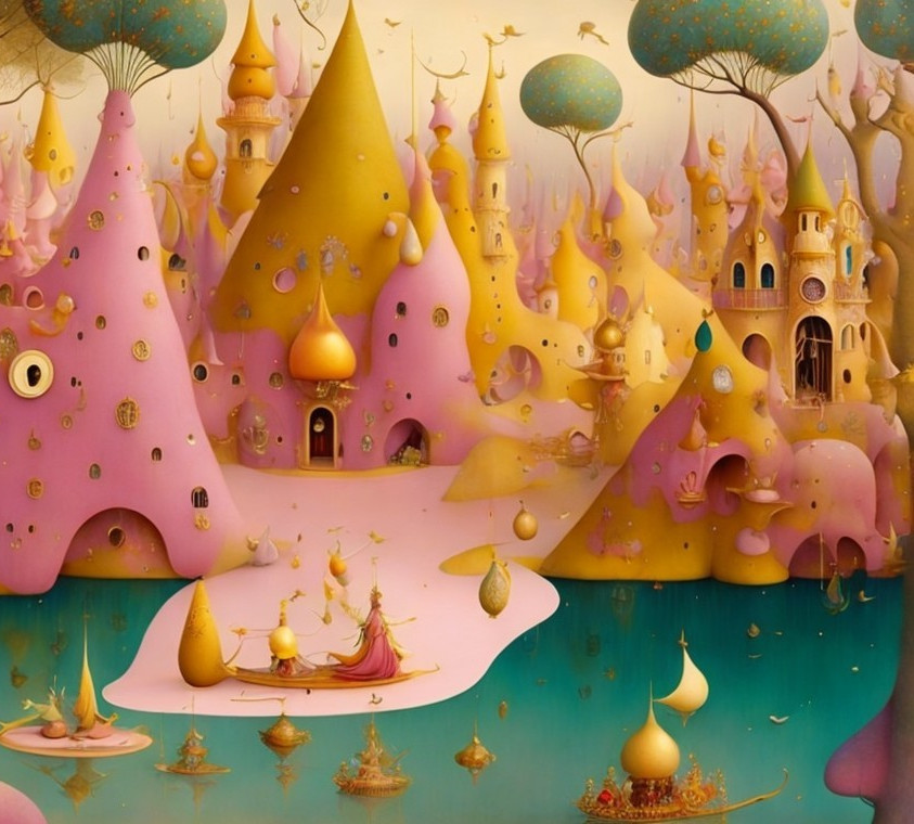 Whimsical Landscape with Pink Mountains and Dreamlike Elements