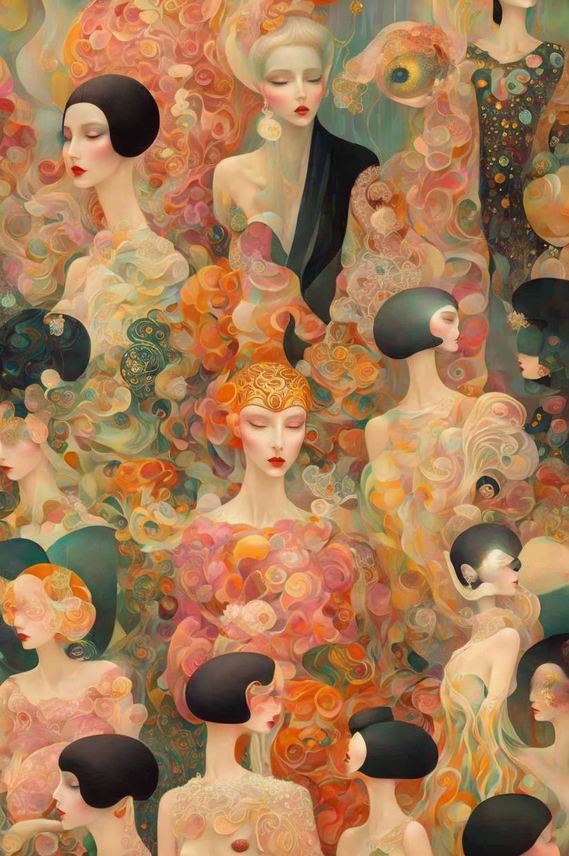 Vibrant Collage of Stylized Female Figures and Patterns