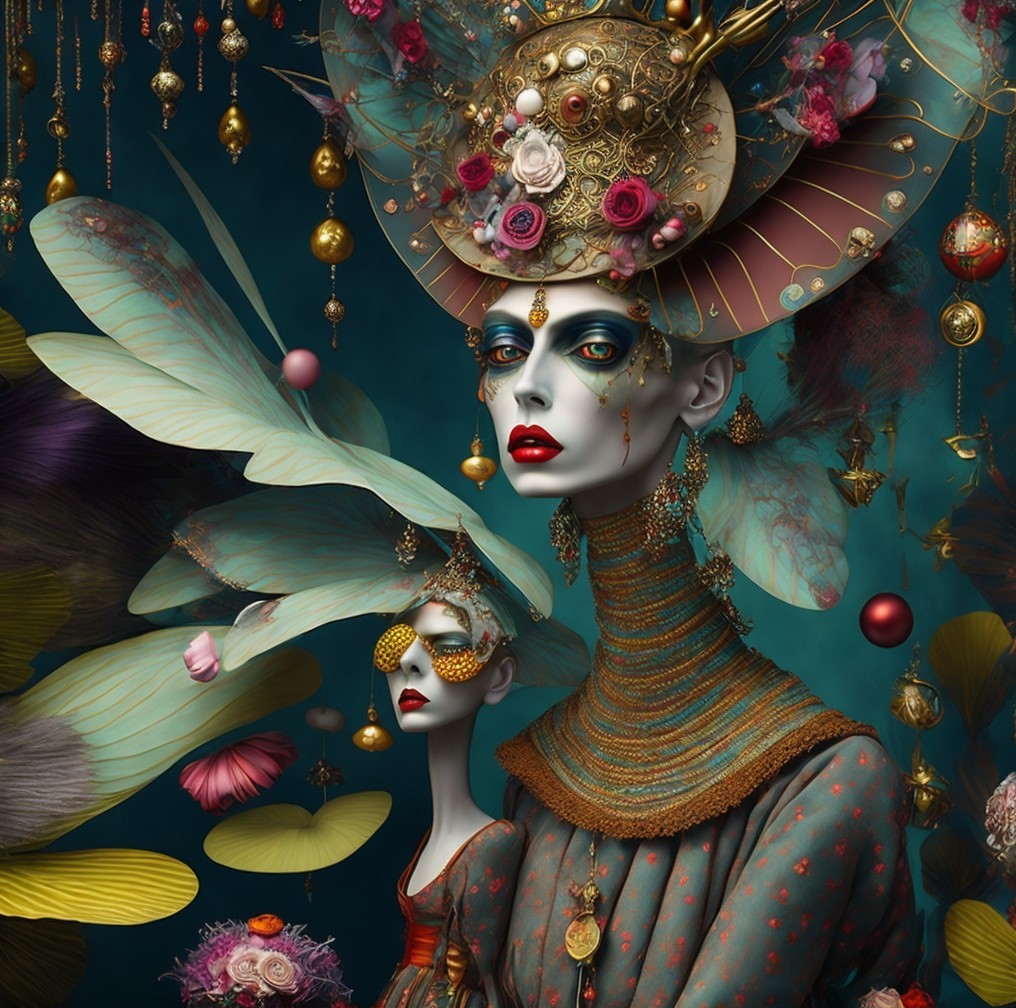 Surreal Scene with Mannequins in Extravagant Attire