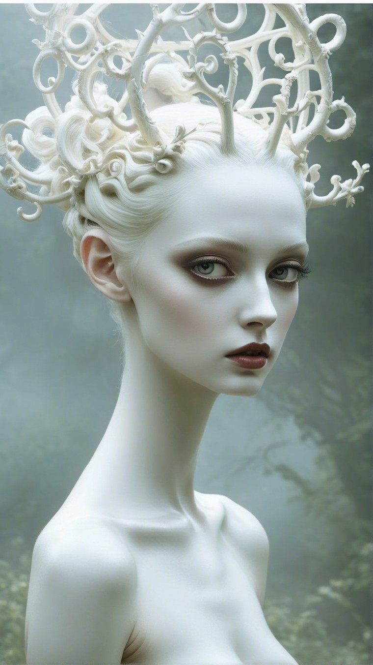 Ethereal Figure with Porcelain Skin and Intricate Hair