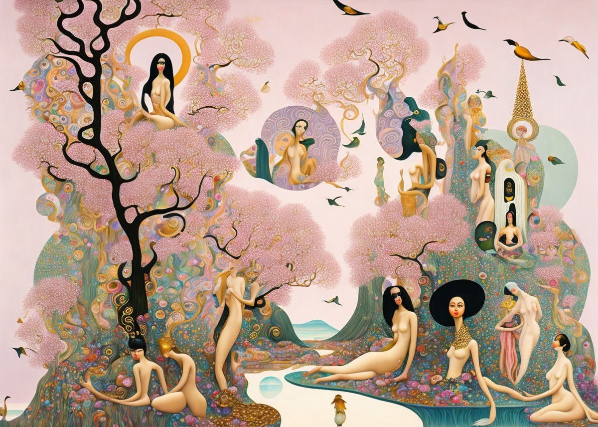 Surreal Landscape with Ethereal Figures and Vibrant Colors