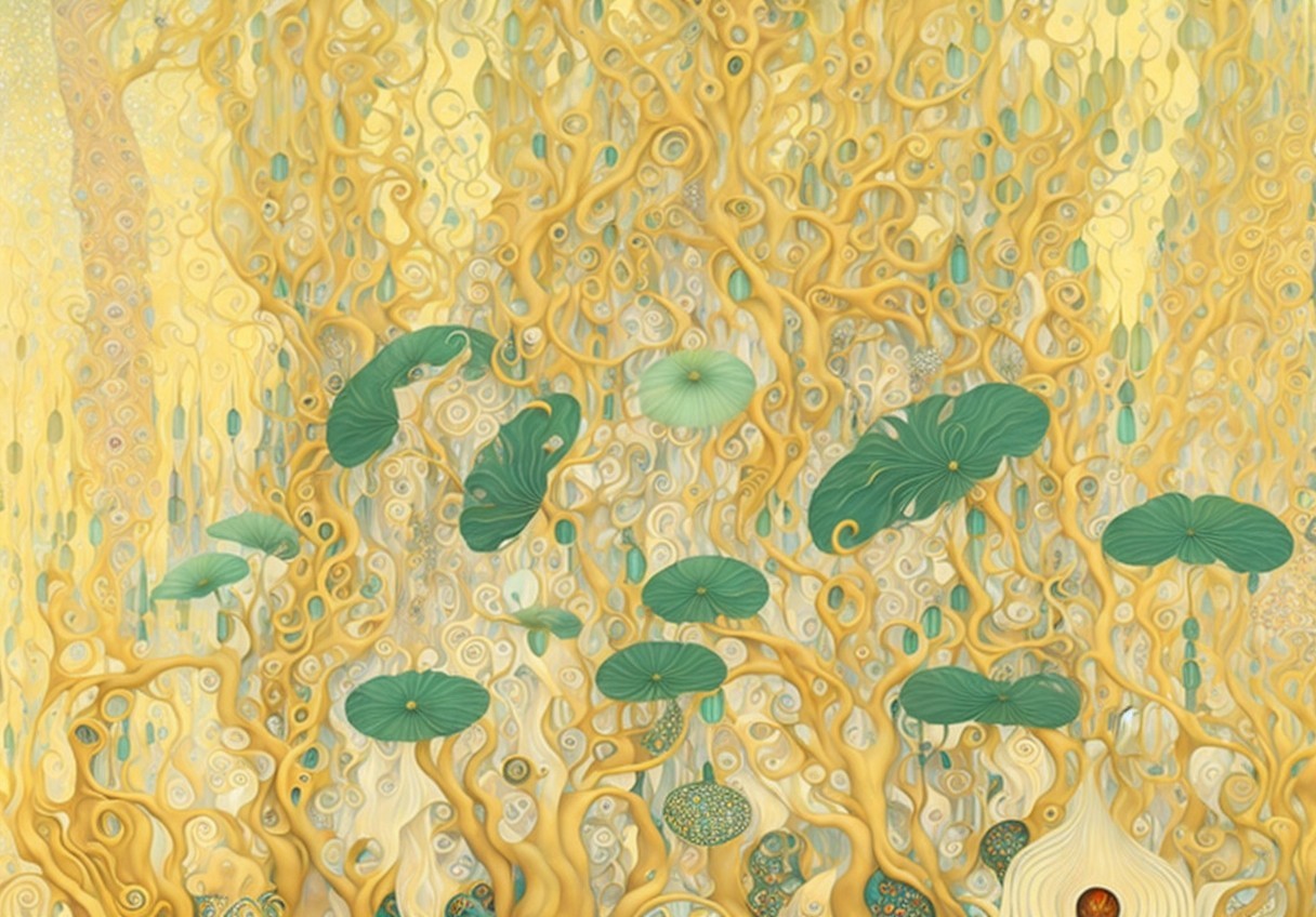 Fantastical Artwork with Golden Trees and Pastel Colors