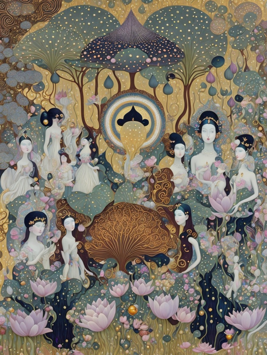 Ethereal Artwork with Graceful Figures and Dreamy Landscapes