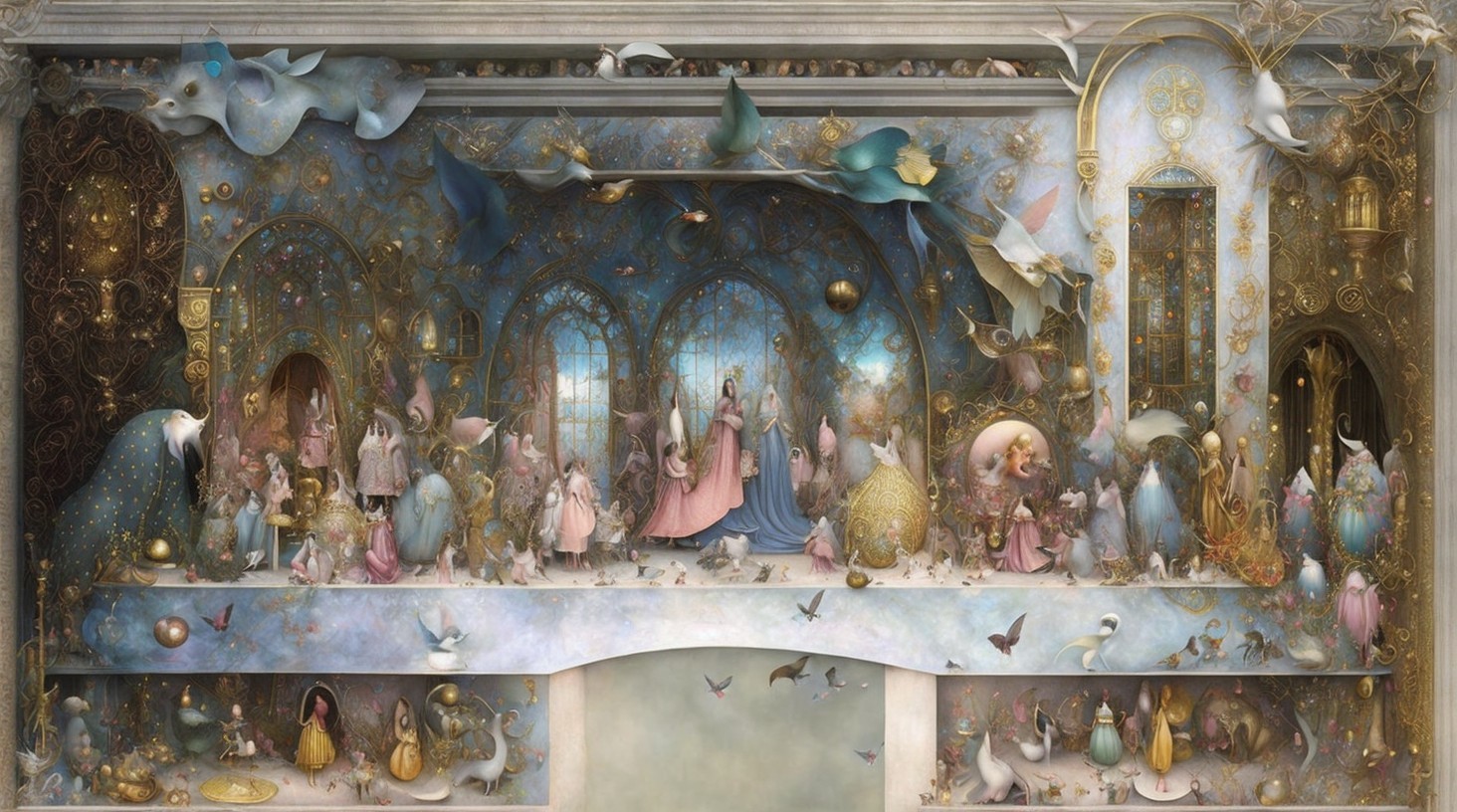 Intricate Rococo-style Painting of Grand Interior Hall