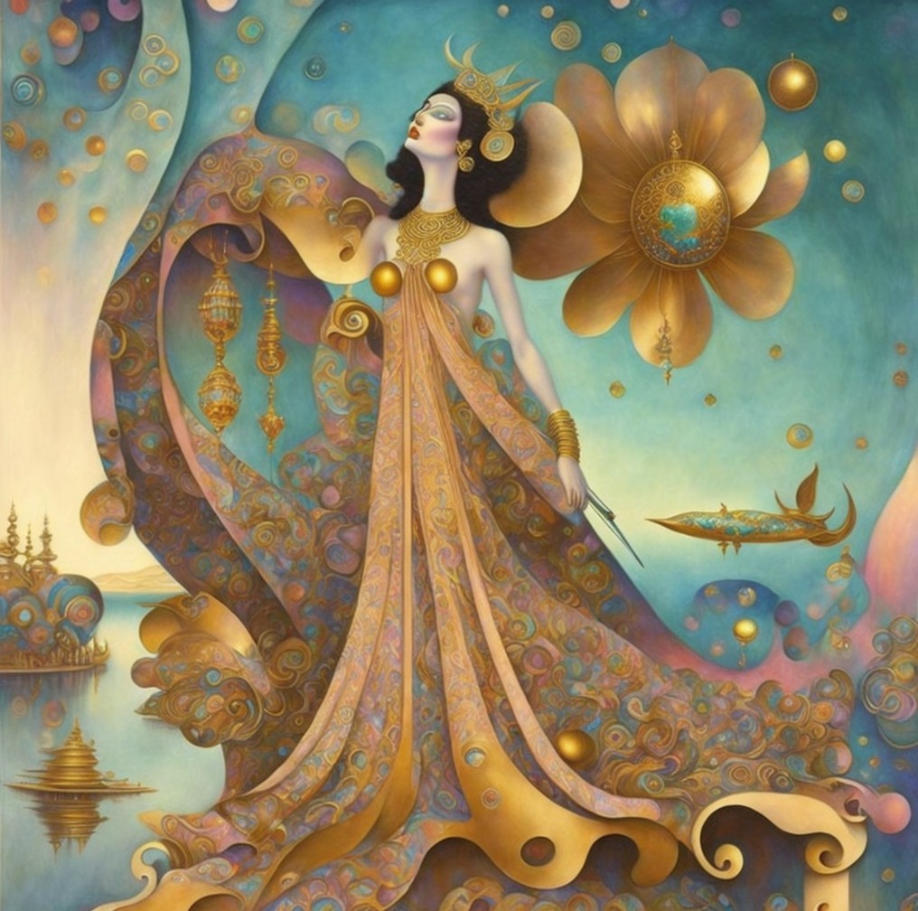Regal figure in ornate gown with celestial background