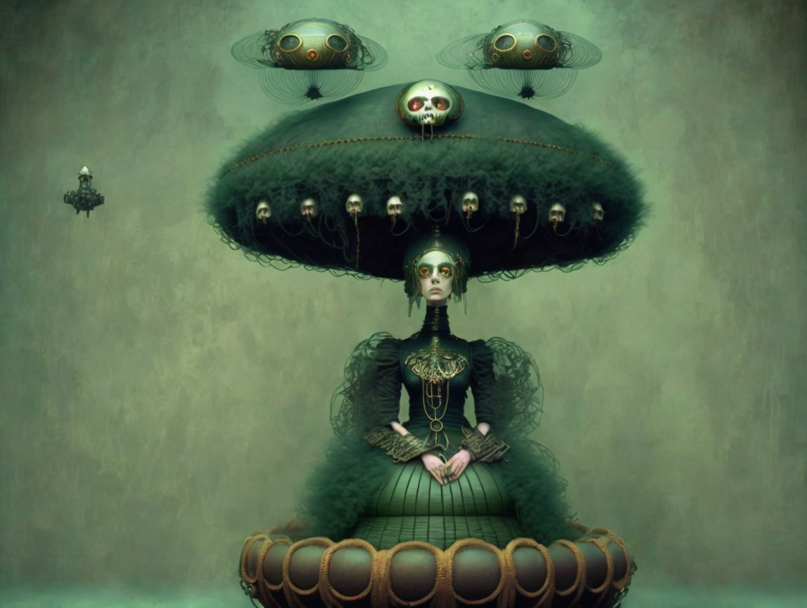 Surreal Figure in Ornate Chair with Mushroom Headdress