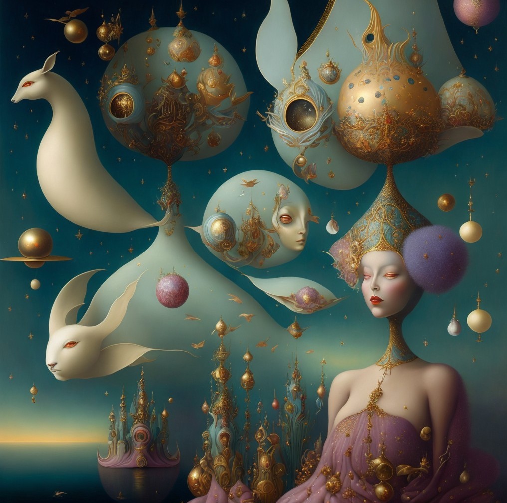 Surreal Landscape with Ethereal Figures and Creatures