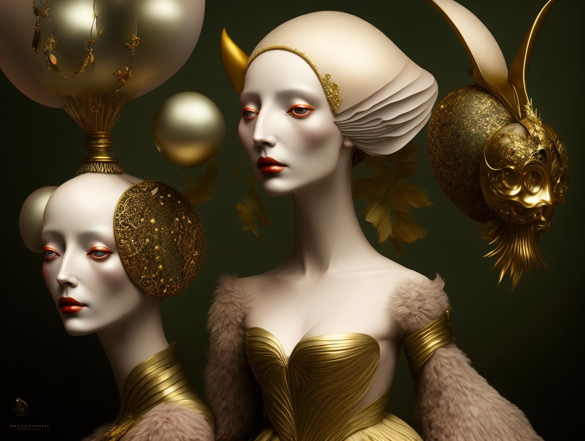 Elegant Female Figures with Porcelain Skin and Gold Accessories