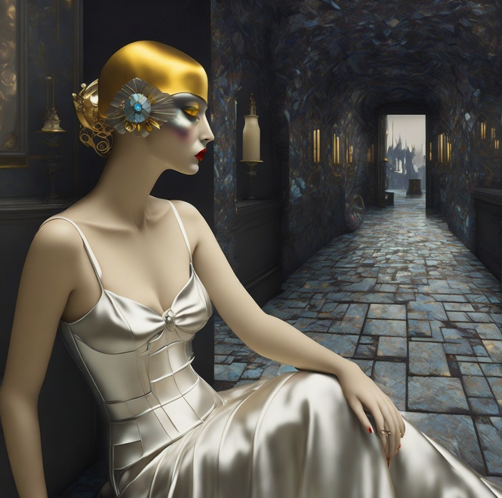 Glamorous Figure in Silver Gown in Dim Hallway