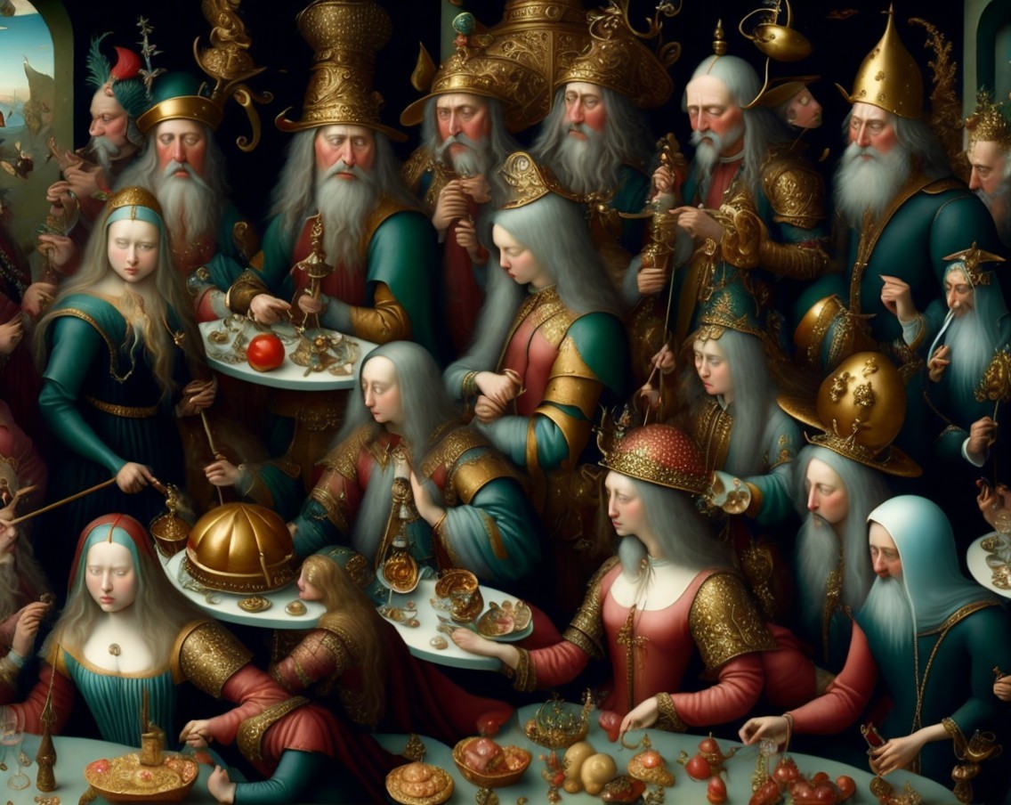 Regal Assembly with Lavish Banquet and Opulent Attire