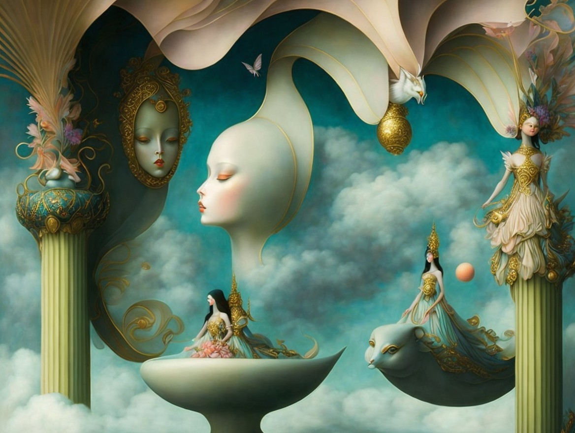Surreal Scene with Ethereal Figures and Dreamlike Elements