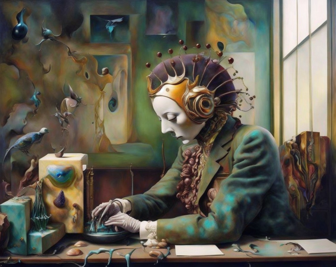 Surreal Scene with Intricate Headpiece and Abstract Shapes