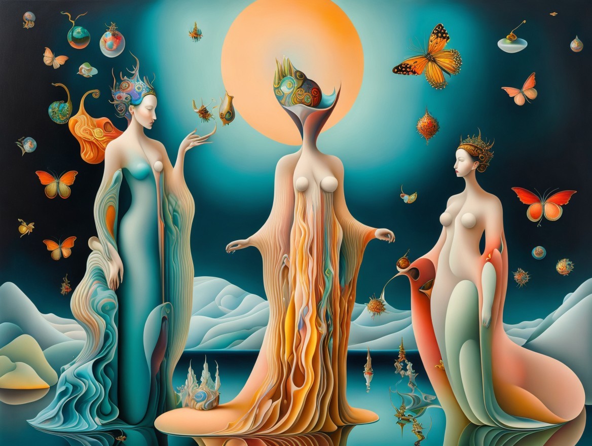Three Ethereal Figures in Vibrant Colors and Nature