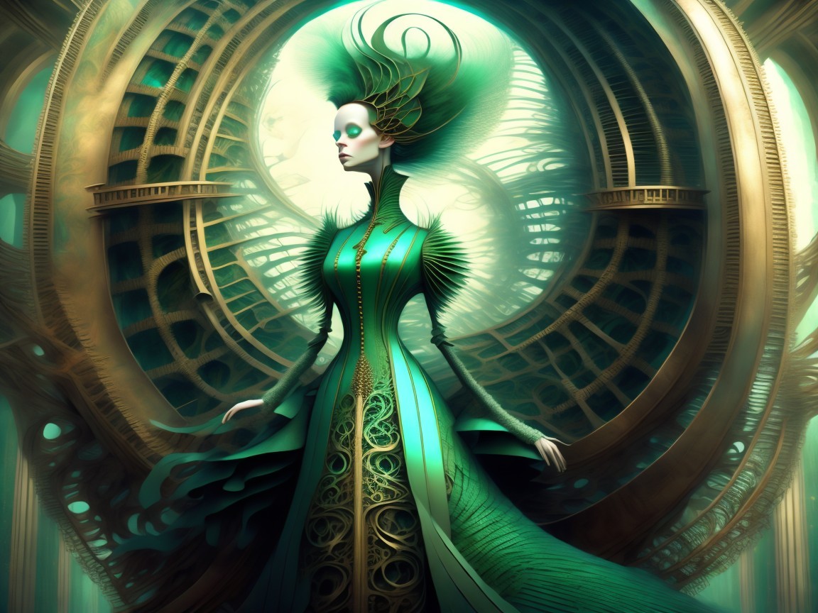 Majestic figure in vibrant gown with surreal background