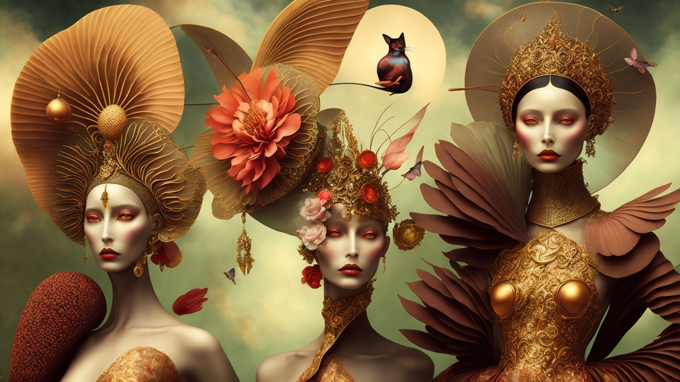 Ethereal Figures in Surreal Landscape with Cat