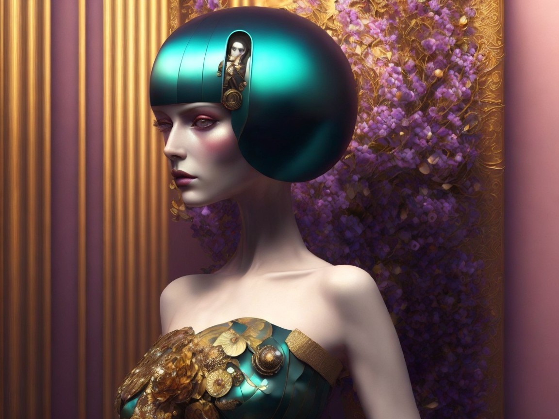 Futuristic Mannequin with Teal Helmet and Floral Design