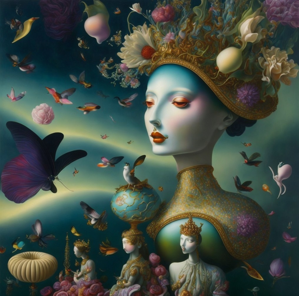 Surreal Painting of a Majestic Figure with Butterflies