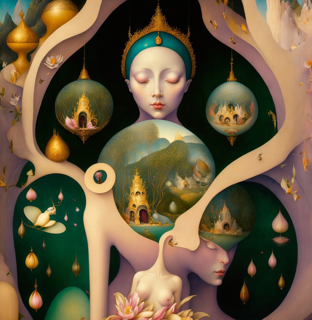 Surreal Artwork with Ethereal Figures and Mystical Orbs