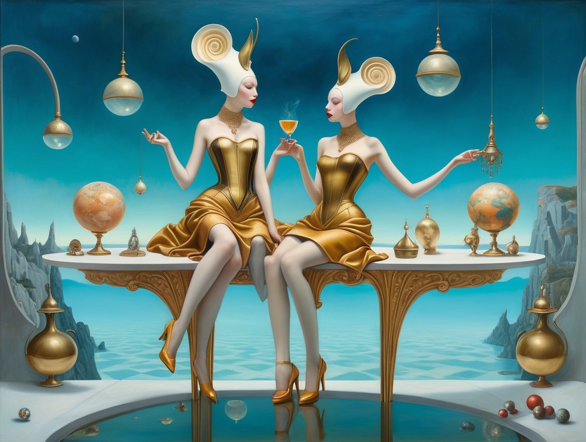 Elegant Figures with Horn-Like Hairstyles at Table