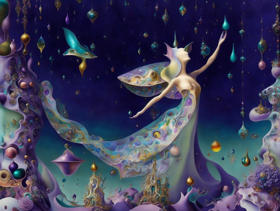 Ethereal Figure with Wings in Dreamlike Landscape