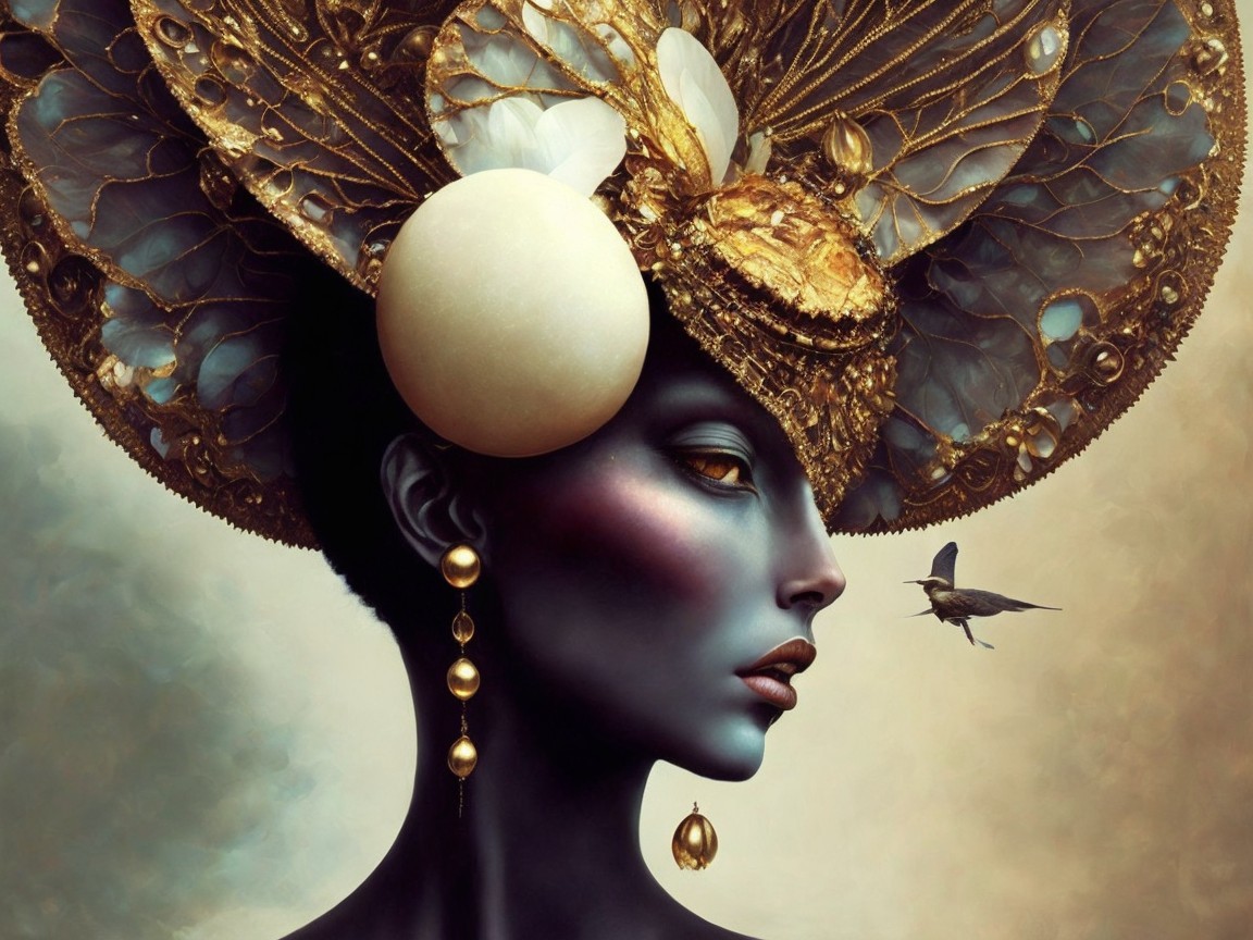 Portrait of a woman with dark skin and golden headdress