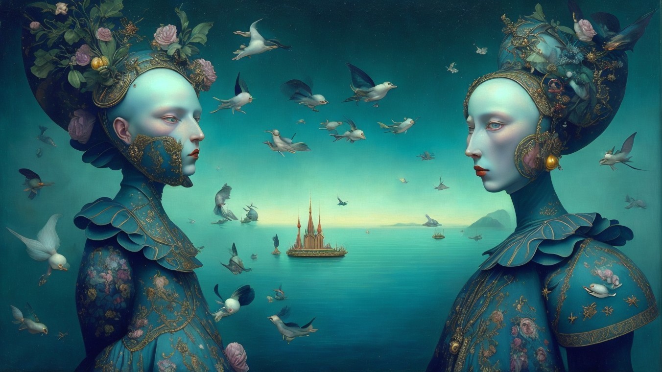 Ethereal Figures in Blue Garments with Seascape Background