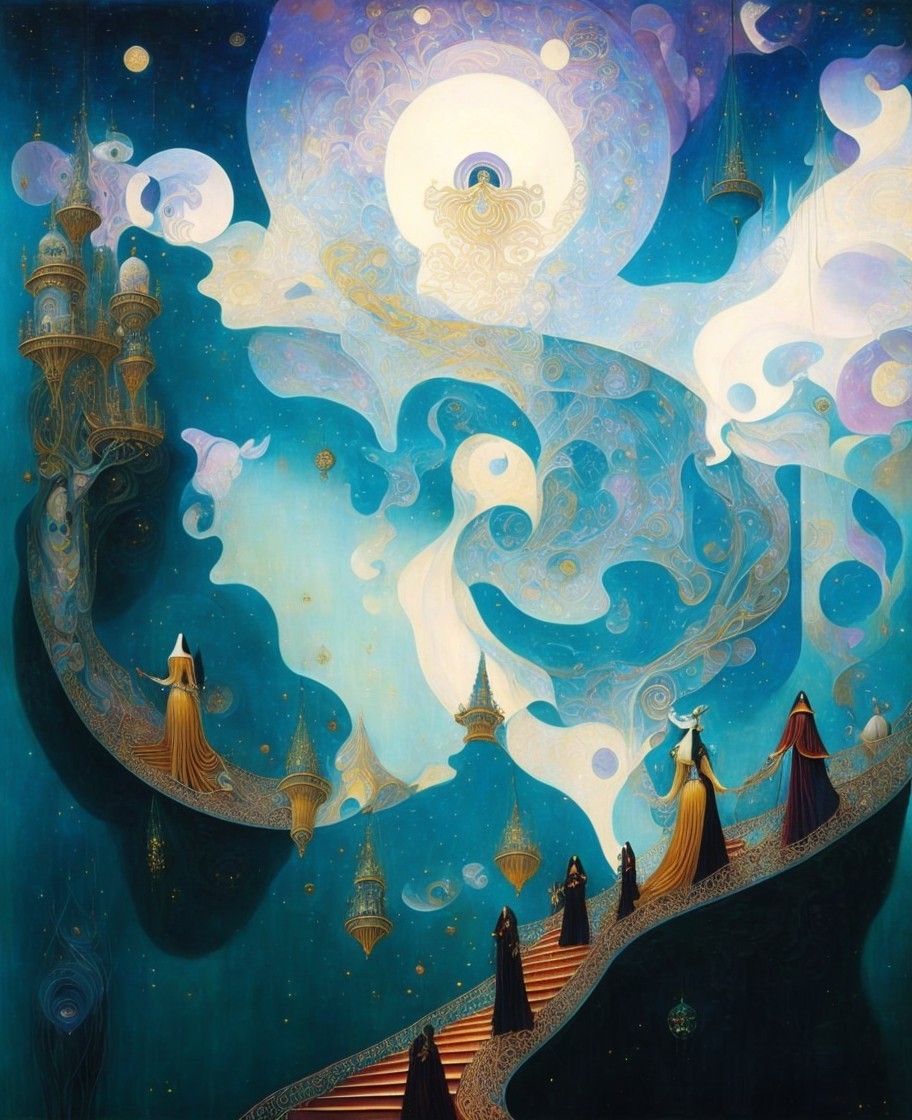 Surreal Landscape with Ethereal Figures and Towers